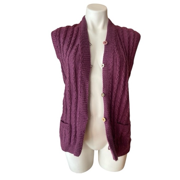 Vintage 80s/90s Purple Cable Knit Sleeveless Button Down Vest Front Pockets S/M - Picture 2 of 15